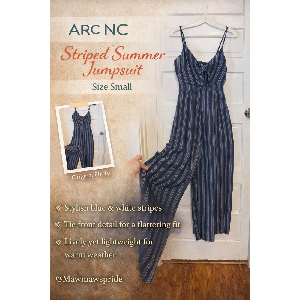 Ark n Co Blue White Striped Tie Front Summer Jumpsuit Small Wide Leg Strap boho